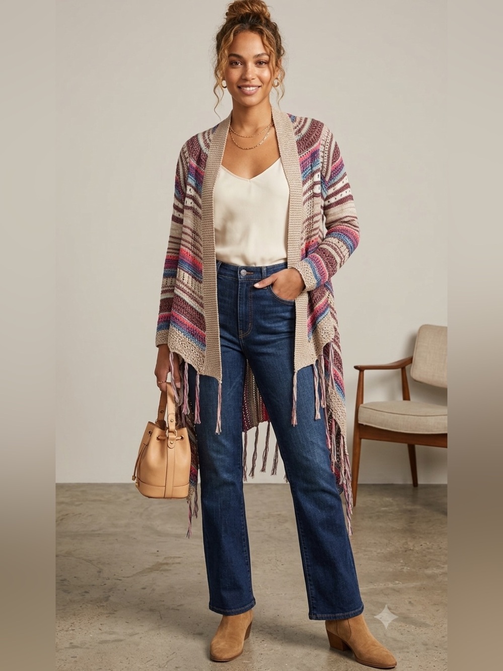 Boho Fringe Multi-Color Open Front Cardigan Sweater. Festival